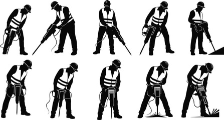Construction workers using jackhammers, roadwork silhouettes, industrial drilling, demolition crew in safety vests and helmets at worksite