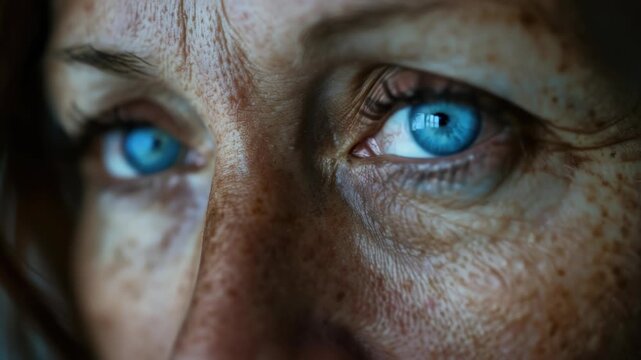 A detailed view of a person's face featuring bright blue eyes, great for portrait or identity-related usage
