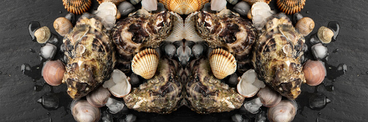 Fresh Oysters, Molluscs and Mussels in Seafood Restaurant