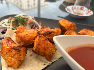 Poultry Shish Kebab, Barbecue Shashlik with Thin Pita Bread and Fresh Vegetables