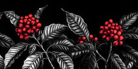 Red coffee cherries contrast against monochrome leaves