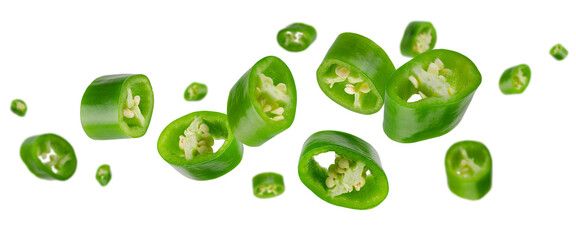 Sliced green hot chili pepper flies and levitates in space. Isolated on white