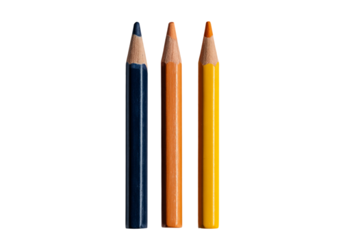three crayons in navy blue, black, and yellow colors on an isolated on a transparent background in PNG format.