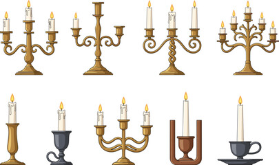 Elegant candle holder collection with lit candles, vintage and modern styles, decorative candelabra set for interior design and festive use