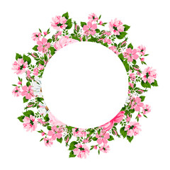 Pink spring flowers frame - Botanical rectangle border. PNG clipart.