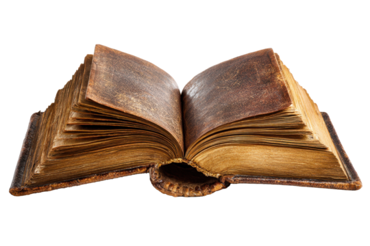 Open Antique Leather Book on Transparent Background