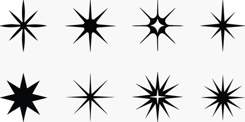 Collection of eight distinct black starburst shapes on a white background