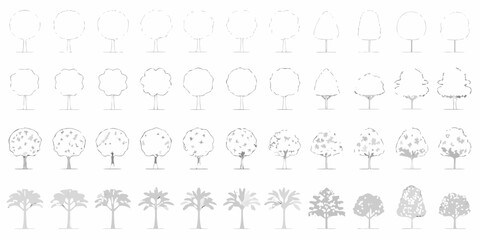 Collection of stylized trees in different shapes and stages of detail presented in a grid format