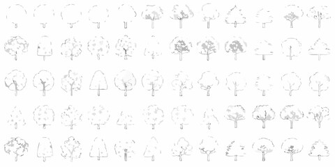Collection of hand drawn tree illustrations showing different stages of growth and styles