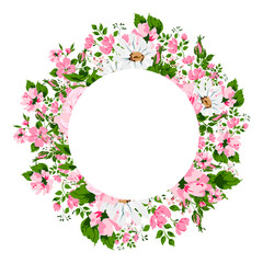 Pink spring flowers frame - Botanical rectangle border. PNG clipart.