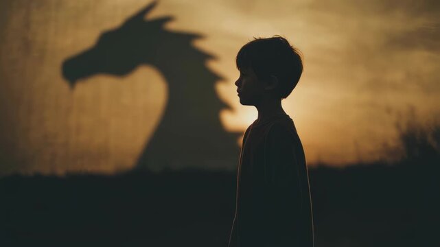 Child's silhouette with dragon shadow at sunset. Imagination and fantasy concept. Magical storytelling scene for book cover or movie poster design