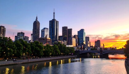 Obraz premium City skyline at sunset over a river (2)