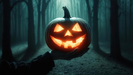 Obraz premium Sinister Offering: A Glowing Jack-o'-Lantern Held in a Dark, Haunted Forest