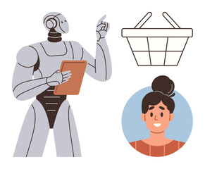 Robot holding clipboard pointing upwards, female shopper smiling in blue circle, and empty basket. Ideal for technology, innovation, AI, retail, e-commerce automation customer service. Simple flat