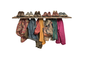 Row of Used Shoes and Coats on Shelf - Thrift Display