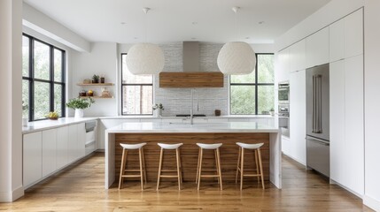 Fototapeta premium Spacious Modern Kitchen with Wooden Island and Glass Pendant Lamps