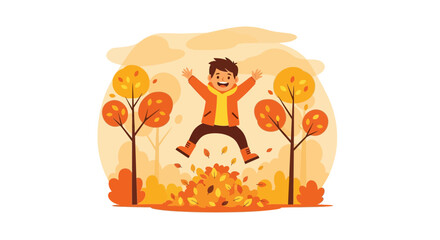 Happy child jumping in autumn leaves illustration joyful seasonal activity outdoors