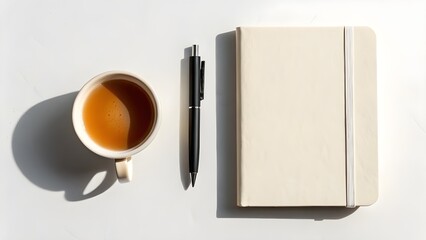 A simple and aesthetic flat lay featuring a cup of tea a pen and a notebook for creative ideas and journaling inspiration