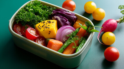 Single bento box centered with bold colors of vegetables creating a striking composition against green.