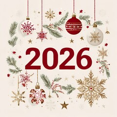Elegant festive composition, the full number "2026" written clearly and kept together in the center of the design, surrounded by Christmas elements such as snowflakes, pine branches, ornaments, stars