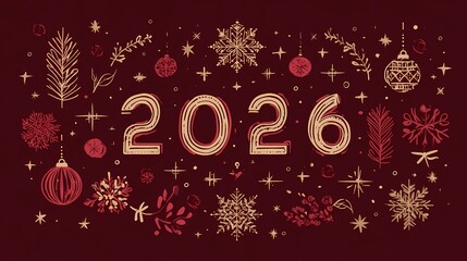 Elegant festive composition, the full number "2026" written clearly and kept together in the center of the design, surrounded by Christmas elements such as snowflakes, pine branches, ornaments, stars
