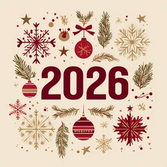 Elegant festive composition, the full number "2026" written clearly and kept together in the center of the design, surrounded by Christmas elements such as snowflakes, pine branches, ornaments, stars
