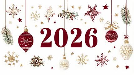 Elegant festive composition, the full number "2026" written clearly and kept together in the center of the design, surrounded by Christmas elements such as snowflakes, pine branches, ornaments, stars