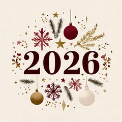 Elegant festive composition, the full number "2026" written clearly and kept together in the center of the design, surrounded by Christmas elements such as snowflakes, pine branches, ornaments, stars