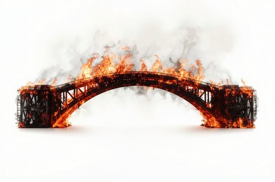Burning bridge, isolated, fire, smoke, destruction, white background, disaster, concept art