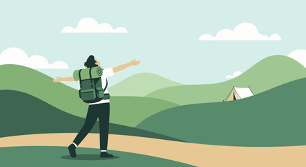 Obraz premium Happy hiker enjoying nature and camping in the mountains scenery background illustration