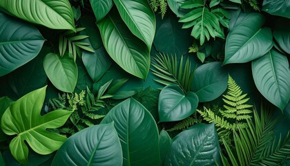 Fototapeta premium Lush green foliage background with diverse leaf shapes and textures in vibrant natural tones.