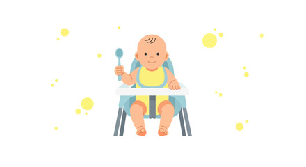 Happy Infant Sitting In A Highchair With A Spoon Ready To Eat Smiling