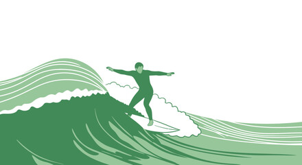 Fototapeta premium Green Silhouette Surfer Carves through Ocean Wave Achieving Dynamic Performance on Surfboard