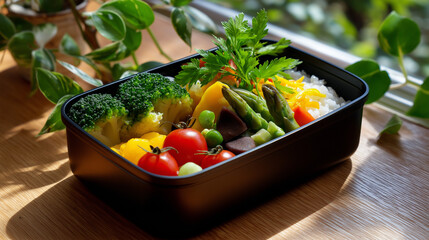 Bento box angled at 45 degrees, natural light highlighting the freshness of vegetables against soft green.