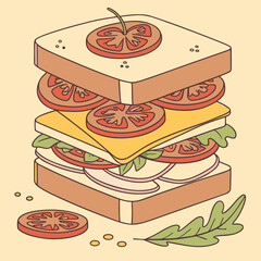 Illustration of a sandwich with tomato, cheese, lettuce and meat