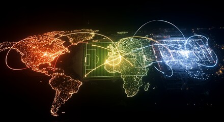 Global Sports Network with a Glowing World Map and Soccer Field