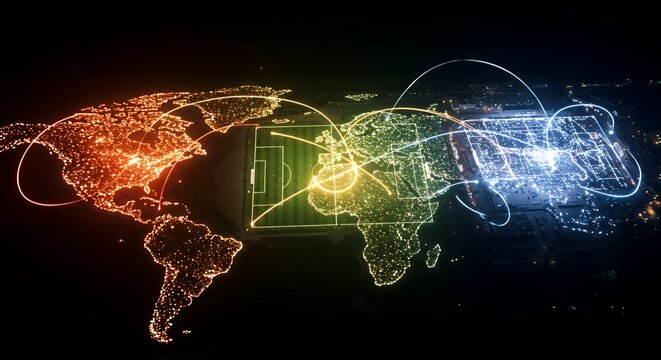 Global Sports Network with a Glowing World Map and Soccer Field