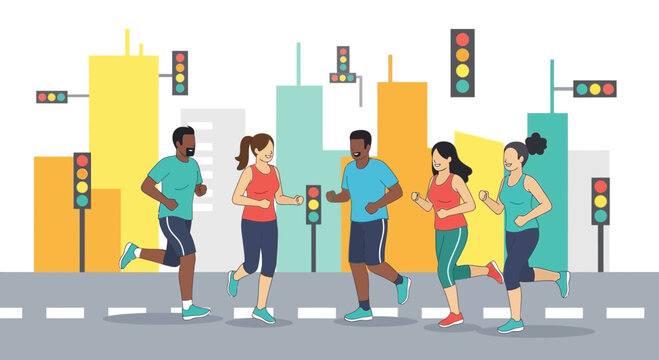 Group of diverse individuals running on a city street during an outdoor workout activity - Powered by Adobe