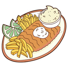 Vector art of cartoon fish and chips with lemon and tartar sauce