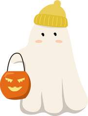 Cute Ghost with Pumpkin Bucket Illustration
