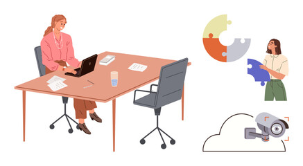 Woman focused on laptop at desk, another assembling puzzle pieces camera and cloud for security. Ideal for teamwork, project management, remote work, data storage, security, problem solving