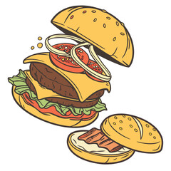 Vector art of exploding burger with beef patty, cheese, tomato and onion