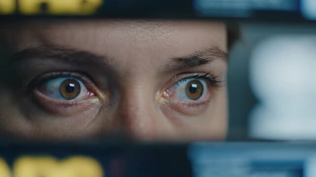 Intense gaze of a woman's eyes, peering through blinds, conveying curiosity, suspense, and focused attention on an unknown situation, close-up shot