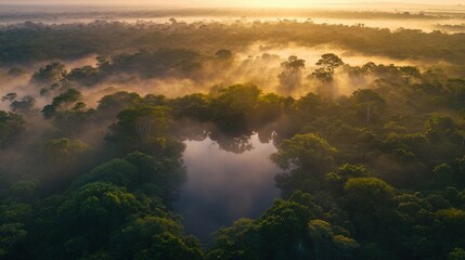 Aerial view of a misty tropical rainforest with the sunlight shining through the trees