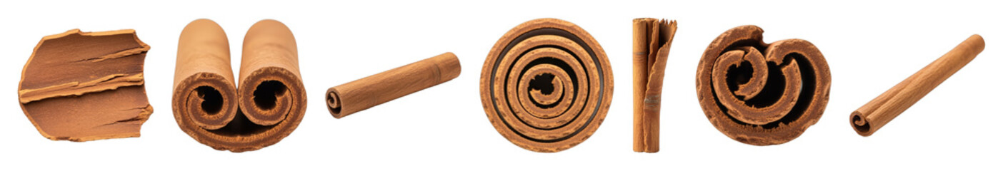 Cinnamon stick and bark set including whole quills, broken pieces, and cross-sections isolated. Aromatic spice ingredient.