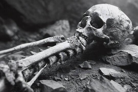 Human skeleton remains lying on rocky ground