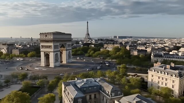 High-angle view of Paris cityscape, featuring the Arc de Triomphe and Eiffel Tower, with a mix of urban and natural elements