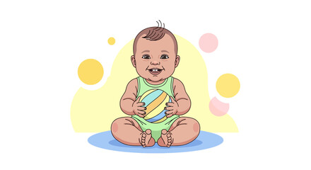 Fototapeta premium Happy Baby Smiling While Seated Holding A Colorful Ball In Adorable Cartoon Illustration