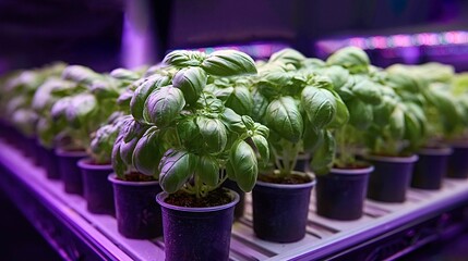 Indoor basil plants growing under led lights in vertical farm
