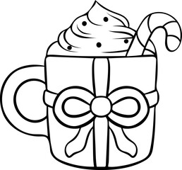 Christmas mug decorated with a gift bow, hot chocolate with whipped cream and a lollipop stick, a cozy Christmas drink, a simple vector black and white icon, doodle and sketch style